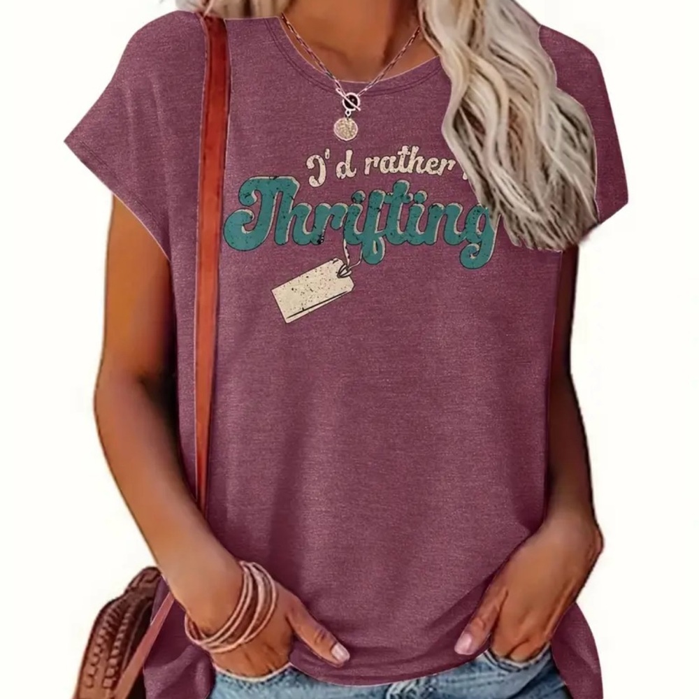 Graphic Tee I’d Rather Be Thrifting Women's Casual Maroon Size Large NEW